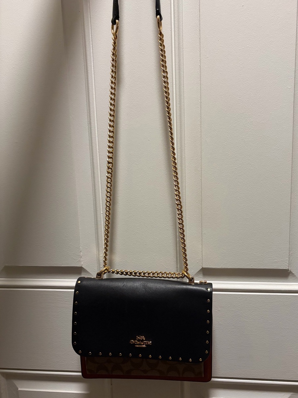 Coach Black and Brown Leather Crossbody with Gold Chain